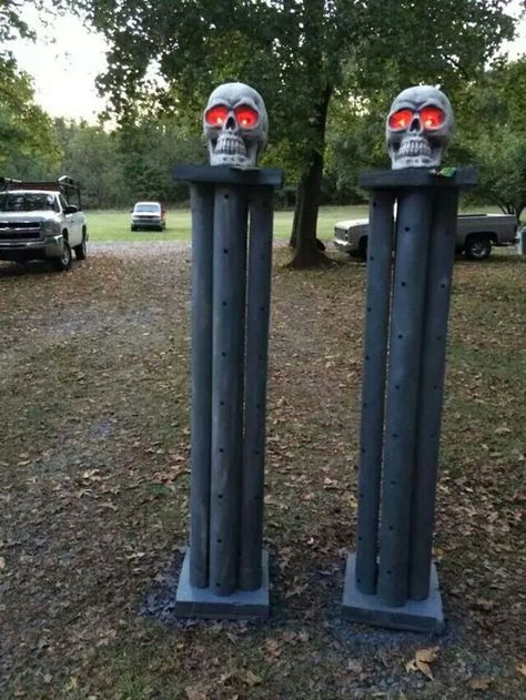 Pool noodle pillars Pool Noodle Pillars Halloween, Diy Halloween With Pool Noodles, Pool Noodle Columns, Halloween Yard Entrance, Diy Pool Noodle Crafts Halloween, Zombie Graveyard Yard Decorations, Halloween Crafts With Pool Noodles, Halloween Pool Party Decorations, Halloween Diy Pool Noodles