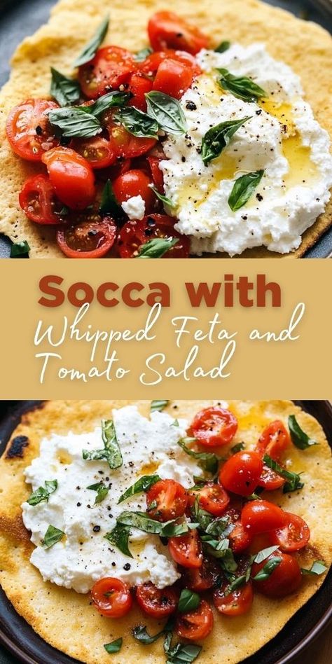 Socca with Whipped Feta and Tomato Salad Ingredients: For the Socca: 1 cup chickpea flour 2 tablespoons olive oil (and extra for the pan) 3/4 teaspoon salt 1 1/4 cups water For the Tomato Salad: 2–3 cups cherry or grape tomatoes, halved 1 cup cucumber slices (optional, for added crunch) 1/4 cup olive oil 1–2 tablespoons white vinegar or lemon juice 1 small clove garlic, grated or finely minced A pinch of salt and freshly ground black pepper Fresh chopped herbs #Socca #Feta #TomatoSalad Grape Tomatoes Recipes, Whipped Feta Tomato, Grape Tomato Recipes, Cucumber Slices, Whipped Feta, Chickpea Flour, Tomato Salad, Grape Tomatoes, Delicious Dinner Recipes