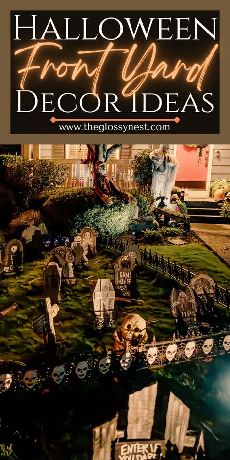 Want to have the most festive Halloween yard on the block?  Turn your place into a haunted house with these top Halloween front yard ideas!  Including Halloween front yard decorations with graveyards, cemetery, ghosts, witches, inflatables, blow ups, circus, carnival, clowns, lights, maze, pumpkins, jack-o-lanterns, skeletons, hocus pocus, spiders, signs, arches, aliens & more!  Create a cute, funny, creepy, classy, scary, spooky, unique or vintage Halloween front yard display with these ideas! Front Yard Graveyard Halloween Ideas, Halloween Yard Displays Graveyard, Scary Pumpkin Halloween Decorations, Halloween Carport Decorations, Cemetary Halloween Ideas, Scary Front Yard Halloween Ideas, Halloween Themed Yard Decorations, Halloween Cemetery Decorations, Halloween Yard Cemetery Ideas