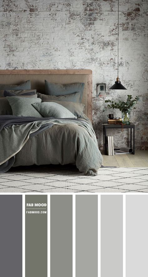 Grey and Muted Sage Green For Bedroom | Industrial Bedroom Decor Muted Green Bedding, Bedroom Sage Bedding, Grey Bed Green Bedding, Colors That Go With Grey Bedroom, Green On Green Bedding, Sage Green Bedroom Color Schemes, Industrial Bedroom Wall Decor, Grey Green Decor, Grey Walls Green Bedding