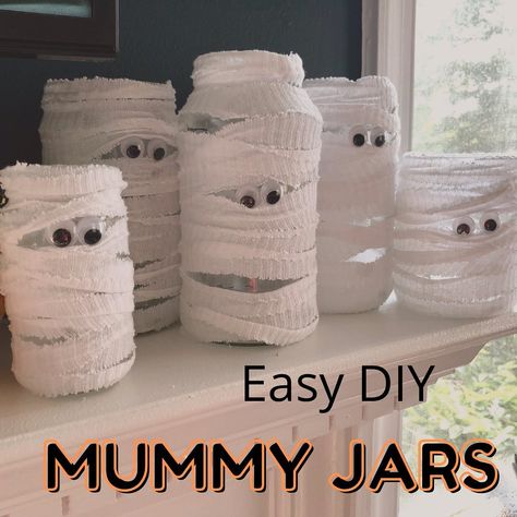 Amy Wiglesworth Bryk on Instagram: “Here's another Halloween creative reuse craft - Mummy Jars! Materials: * Old white undershirt or t-shirt. Can also use gauze. * Clean jars…” Mummy Jars Halloween Crafts, Mummy Candle Jars, Mummy Mason Jars, Mummy Jars, Mummy Halloween Decor, Mummy Candles, Mummy Jar, Reuse Crafts, Boo Baskets