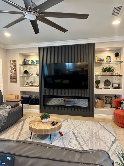 Slats Behind Tv, Vertical Wood Slat Wall, Wood Slat Wall, Fireplace Makeover, Slat Wall, Wood Slats, Diy Home Improvement, Tv Wall, Home Improvement Projects