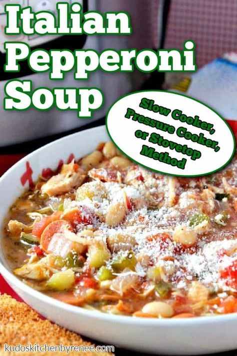 Italian Pepperoni Soup is a hot, hearty, and delicious soup that will soon become one of your favorite comfort food go-to's. #comfortfood #soup #italiansoup #pepperonisoup #instantpotsoup #slowcookersoup #easysoup #chickensoup #whitebeansoup #whitebeans #easydinnerrecipe #kudoskitchenrecipes Pepperoni Soup, Comfort Food Soup, Ham And Cabbage Soup, Slow Cooker Italian, Instant Pot Slow Cooker, Comfort Soup Recipes, Food Soup, Thanksgiving Dinner Recipes, Healthy Chicken Dinner