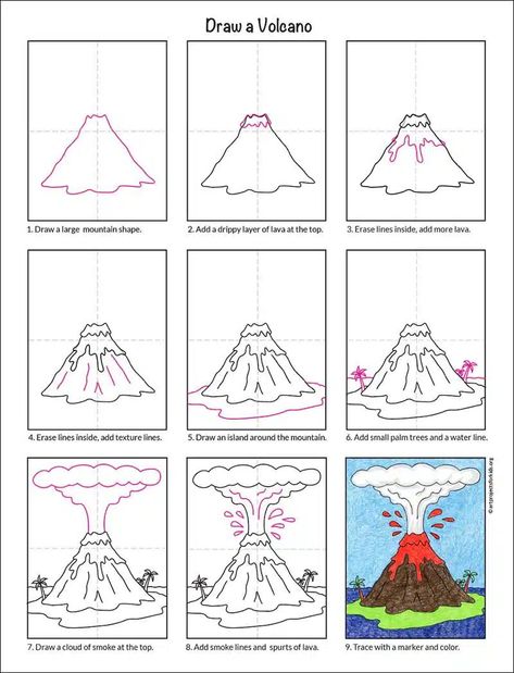 Easy How to Draw a Volcano Tutorial Video and Volcano Coloring Page How To Build A Volcano, Volcano Eruption Drawing, Volcano Coloring Page, Art Using Nature, Natural Disasters Art, Volcano Drawing, Volcano Projects, How To Drow, Mountain Drawing