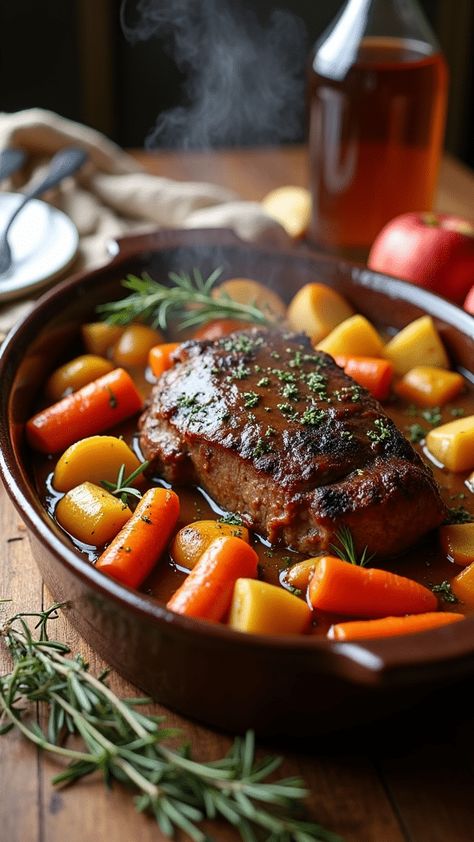 Apple Cider Braised Pot Roast with Carrots and Potatoes Apple Pot Roast, Apple Cider Roast, Cider Braised Pot Roast, Apple Cider Pot Roast, Pot Roast Christmas Dinner, Pot Roast With Carrots, Christmas Roast Beef, Braised Pot Roast, Chuck Roast Recipes