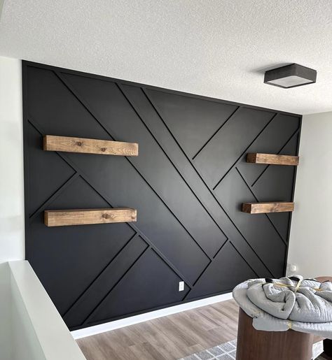 Shelves For Decor, Black Feature Wall, Black Accent Walls, House Wall Design, Room Accent Wall, Accent Wall Designs, Diy House Renovations, Accent Walls In Living Room, Accent Wall Bedroom