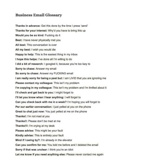 Business Email Glossary - Printable via Happily K blog Funny Email Sign Offs, Corporate Lingo Humor, Work Email Meme Funny, Client Memes Funny, Corporate Email Lingo, Work Memes Retail, Funny Emails, Email Sign, I Wish You Would