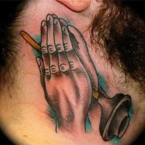 Please say a prayer... (read more) Tattoo Praying Hands, Tacky Tattoos, Wrong Pictures, Worst Tattoos Ever, Jesus Humor, Dumbest People, Awful Tattoos, Really Bad Tattoos, Tattoos Gone Wrong