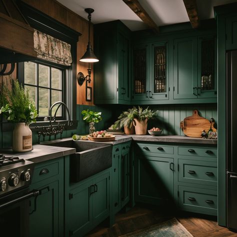 Kitchen Inspo Cottagecore, Modern And Cottage Core House, Avant Garde Kitchen Design, Cottagecore Kitchen Modern, Witch Home Aesthetic Kitchen, Dark Cottage Kitchen Aesthetic, Gothic Kitchen Green, Dark Cottage Core Apartment, Dark Cottage Core House Interior