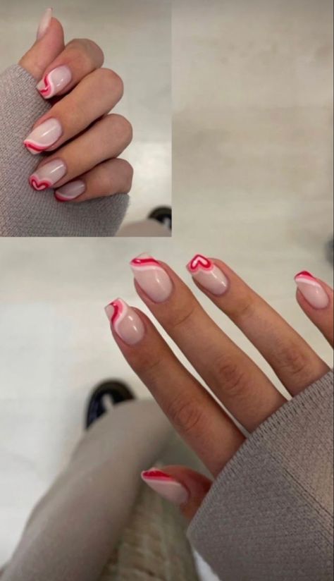 Valentine Manicure Designs, February French Nails, Trendy Valentines Day Nails Square, Valentines Day Nails Swirl, Valintens Day Outfit Ideas, February Nails Ideas Valentines Day Short Square, Valentines Square Nails, Cute Valentines Nails Acrylic, Square Valentine Nails