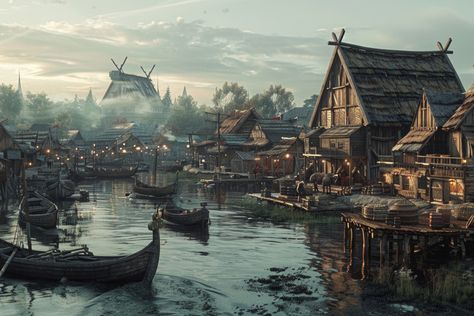 Viking Landscape, Viking Fortress, Medieval Marketplace, Viking City, Viking Market, Viking Town, Viking Settlement, Viking Aesthetic, Viking Ships