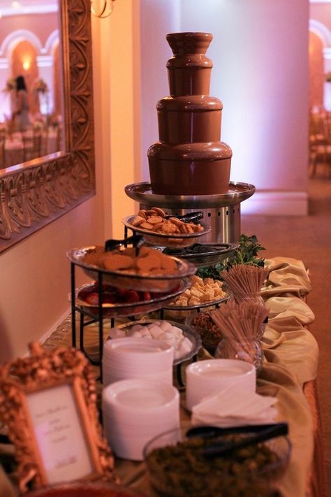 Chocolate Fondue Wedding Bar, Chocolate Fondue Wedding, Dessert Table With Chocolate Fountain, Wedding Fondue Bar, Chocolate Fountain Dessert Table, Chocolate Fountain For Wedding, Chocolate Fontaine, Chocolate Table Wedding, Wedding Fondue