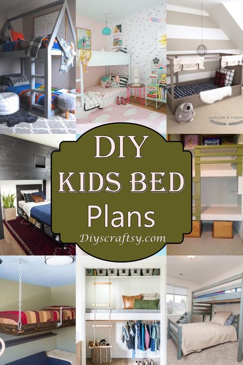 Diy Twin Corner Beds, Kids Bed Plans, 3 Twin Beds In One Room Ideas, Toddler Bunk Bed Ideas, Kids Beds Diy, Diy Beds For Kids, Hanging Twin Bed, Kids Twin Bed Ideas, Pallet Bed For Kids