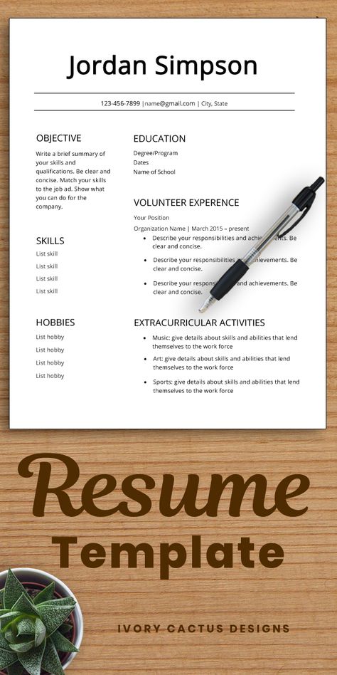 High School Resume Template, First Job Resume, Teen Resume, High School Resume, Cv Example, First Resume, One Page Resume Template, Cv Writing, Resume No Experience