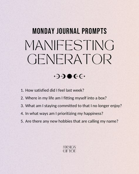 Good vibes + HDM Enrollment Reminder 🫶 Happy Monday loves 🤗 Sharing some journal prompts today to help you reflect and prepare for the week ahead✨ Swipe for your own unique set of questions to get aligned with your energy type! Wishing you the best week ever🤍 If you are loving human design and want to know how to go deeper, you will love Human Design Mastery! HDM is our training to learn everything about HD to become a reader or just integrate the knowledge into your daily life or biz!... Human Design Generator Strategy, Human Design Manifestor, Design Prompts, Human Design Generator Sacral, Human Design 6/2 Generator, Manifesting Generator, Human Design Manifesting Generator 5/1, Human Design System, Wish You The Best