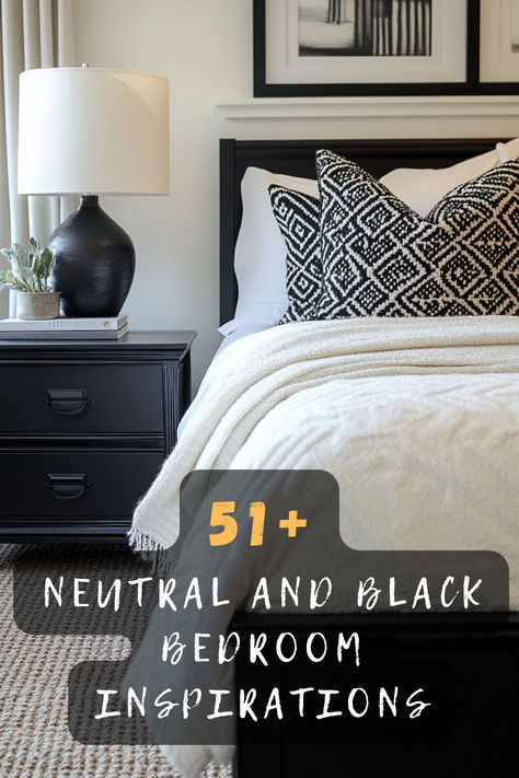 Achieve modern elegance in your bedroom with 51 neutral and black designs. Featuring sleek lines, refined finishes, and minimalist decor, these ideas create a sophisticated atmosphere. Discover how to blend bold black with calming neutrals for a contemporary bedroom style. Click to see these elegant transformations! 🛏️🖤 #ElegantBedroom #NeutralAndBlack #SleekDesigns #RefinedFinishes #MinimalistDecor #SophisticatedAtmosphere Black Furniture In Bedroom, Cozy Bedroom With Black Furniture, Bedroom With Black Bed Frame, Neutral Black Bedroom, Gold Black Bedroom, Neutral And Black Bedroom, Bedroom With Black Furniture, Black Bedroom Ideas, Warm Wood Flooring