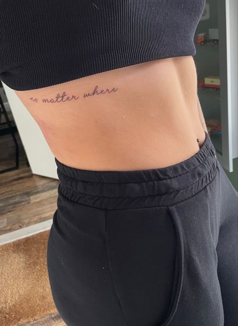 Side Rib Quote Tattoo, Text Rib Tattoo, Rib Script Tattoo Women, Under Rib Tattoos For Women, Rib Tattoo Script, Rib Cage Tattoos For Women, Rib Tats, Rib Tattoo Quotes, Tattoo Text