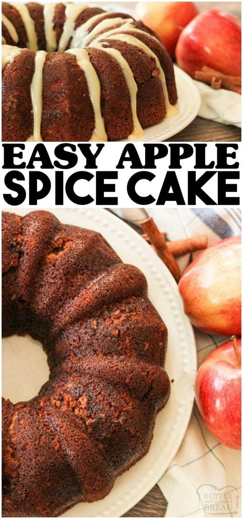 Apple Spice Cake is a deliciously, moist cake made with fresh apples, applesauce, a blend of perfect spices topped with a caramel glaze! Lovely apple cake perfect for Fall baking. #cake #apples #applecake #baking #bundtcake #dessert #recipe from BUTTER WITH A SIDE OF BREAD Apple Spice Cake Recipe, Spiced Apple Cake, Dessert Fall, Autumn Dessert, Apple Butter Crock Pot, Apple Cakes, Apple Spice Cake, Spice Cake Recipes, Sweet Glaze