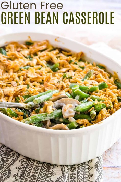 Gluten-Free Green Bean Casserole is an easy side dish for your holiday table! This classic and tasty recipe has fresh tender-crisp green beans in a creamy gluten-free mushroom sauce with a crispy topping. It’s the best vegetable side to round out your Thanksgiving or Christmas dinner! Gluten Free Green Bean Casserole, Green Bean Casserole Bacon, Fresh Green Bean Casserole, Galette Des Rois Recipe, Crockpot Green Beans, Green Bean Casserole Crock Pot, Traditional Green Bean Casserole, Healthy Green Bean Casserole, Healthy Green Beans