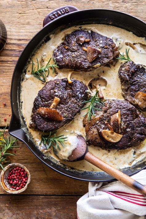 Rosemary Beef Tenderloin with Wild Mushroom Cream Sauce | halfbakedharvest.com #beef #tenderloin #christmas #easyrecipes via @hbharvest Rosemary Beef Tenderloin, Rosemary Beef, Mushroom Cream Sauce, Half Baked Harvest Recipes, Mushroom Cream Sauces, Harvest Recipes, Chicken Steak, Wild Mushroom, Steak Fajitas