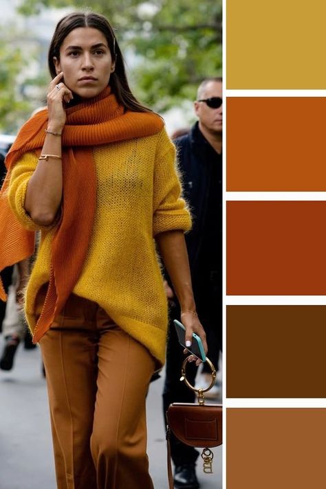 Mustard Yellow Fall Outfits Women, Mustard Combination Color, Deep Winter Yellow, Mustard Turtleneck Outfits, Fall 2024 Color Trends Fashion, Autumn Tone Outfits, Complementary Colors Outfit, Burnt Orange Outfit Color Combos, Mustard Outfit Ideas