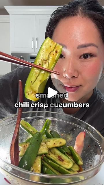 Asian Food | Recipes | Cooking on Instagram: "🥒 SMASHED CHILI CRISP CUCUMBERS 🥒 by @katchaomeow is 👌⁣
light, sweet, tangy, crunchy, and a little spicy! so easy to prepare. you can also meal prep and keep refridgerated up to 3-4 days ✨⁣
⁣
📌Save/share for your weekly meal rotation‼️⁣
⁣
Smashed Chili Crisp Cucumber Salad ⬇️:⁣
⁣
8 baby cucumbers⁣
1 tbsp white vinegar⁣
1 tbsp soy sauce (I used leekumkeeusa premium soy sauce)⁣
1 tbsp chili crisp (I used flybyjing sichuan chili crisp)⁣
1 tbsp sugar or sweetener of choice⁣
⁣
Optional: add minced garlic, sesame seeds, green onion for extra flavor!⁣
⁣
cut ends off of cucumber and cut in half.⁣
scoop out seeds of cucumber.⁣
lay cucumber skin side out and light smash with back of knife.⁣
mix dressings ingredients together and mix well with smashed Chinese Cucumber Recipe, Korean Cucumber Side Dish, Cucumber Recipes Healthy, Smashed Cucumbers, Smashed Cucumber Salad, Suddenly Salad, Chili Crisp, Cucumber Bites, Hot Chili Sauce