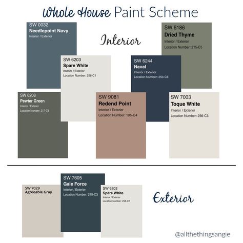 I’m going to preface this by saying I will probably not use every one of these colors in one house, I realize there’s a lot going on here… | Instagram House Design Color Schemes, Colors That Go With Redend Point, House Pallete Color Palettes, Open Concept Color Scheme, Redend Point Bedroom, Color Schemes For The Home Exterior, Whole House Paint Scheme 2023, Redend Point Color Palette, Paint Pallets For Home Color Schemes