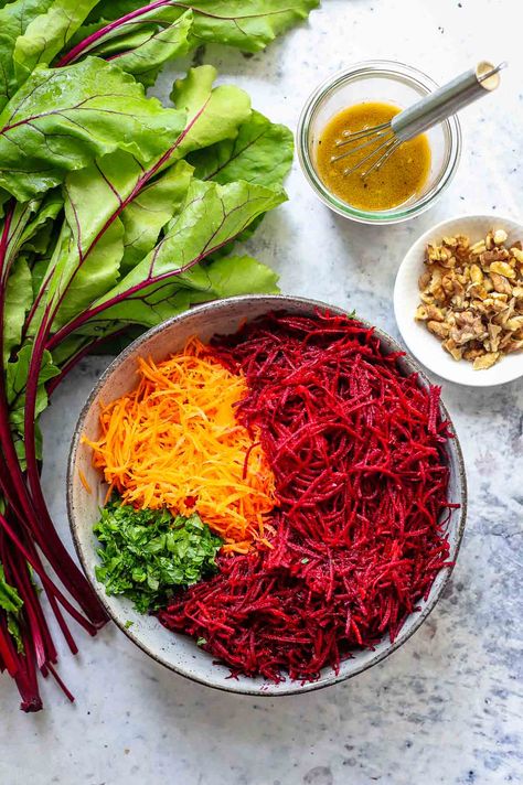 Beet and Carrot Salad | Beetroot Slaw Recipe | Elle Republic Salad Beetroot, Beetroot And Carrot Salad, Beetroot Recipes, Carrot Slaw, Chicken Caesar Pasta Salad, Beet Salad Recipes, Bbq Salads, Make Ahead Salads, Raw Beets