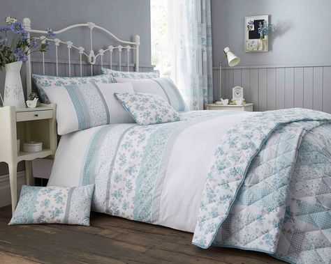 Garden Floral Duck Egg Blue Print Luxury Duvet Sets Matching Bedroom Accessories Duck Egg Blue Bedroom, Luxury Duvet Sets, Grown Up Bedroom, Percale Duvet Cover, Velvet Bedspread, Geometric Duvet Cover, Velvet Duvet, Bay Windows, Striped Duvet Covers