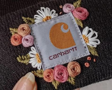 Embroidered Beanies Diy, How To Embroider Flowers On Carhartt Hat, Embroidery Carhart Hat, Embroidered Carhartt Beanie Flowers, Easy Embroidery Gift Ideas, How To Embroider Carhartt Beanie, Hand Embroidery Carhartt Beanie, Carhart Beanies Embroidered, Embroidered Beanie Ideas