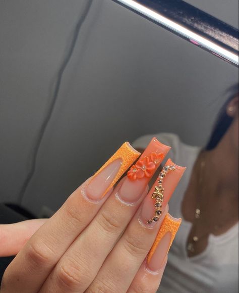 Orange Quince Nails, Medium Acrylic Nails Square, Orange Nails Acrylic, Orange Acrylic Nails, Disney Acrylic Nails, Black Acrylic Nails, Long Acrylic Nail Designs, Drip Nails, Girly Acrylic Nails