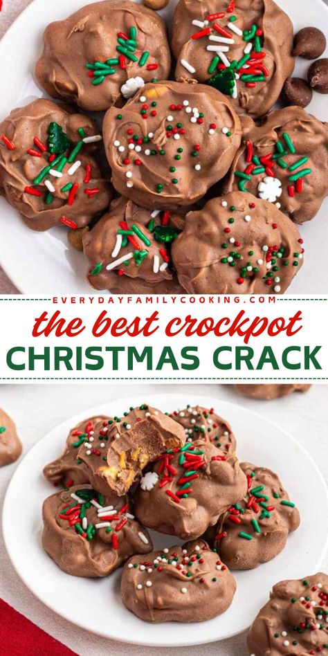 The BEST Crockpot Christmas Crack! With a combo of chocolate, peanut butter chips, and nuts, this easy candy recipe is a festive and delicious Christmas dessert idea. Definitely your new favorite sweet treat to make at home in the slow cooker! Candy Crockpot Recipes, Crockpot Candy With Peanut Butter, Crockpot Candy Recipes Trisha Yearwood, Easy Christmas Bark, Crockpot Candy Recipes Christmas, Easy Crockpot Desserts, Crockpot Recipes Desserts, Crock Pot Dessert Recipes, Crockpot Desserts Easy