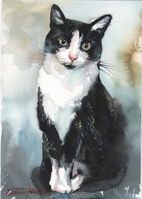 Cat Makeup Easy, Tuxedo Cat Art, Cat Portrait Painting, Makeup Easy, Cat Art Illustration, Black And White Cat, Cat Artwork, Cat Makeup, Watercolor Cat