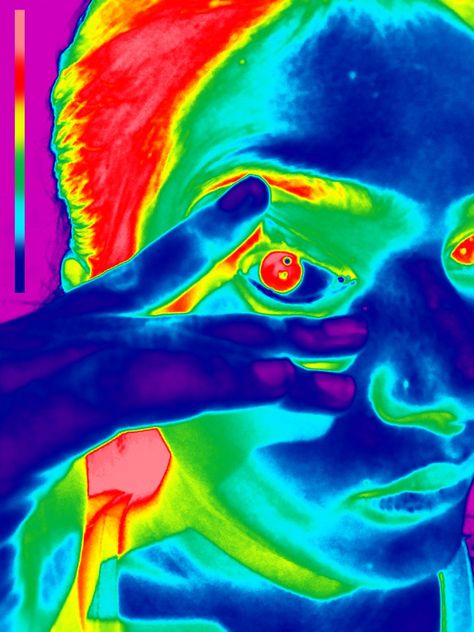 Saturated Art Style, Heat Detection Art, Infrared Aesthetic, Inverted Colors Art, Thermal Portrait, Thermal Face Art, Heat Signature Art, Infrared Art, Thermal Art Aesthetic