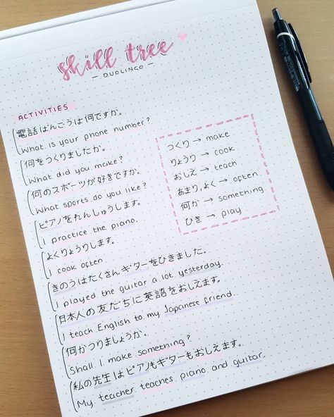 Ashleigh Thomas on Instagram: “Going over my skill tree 🦉 // 13.08.17 . . . . . #study #student #studyblr #studyspo #studyinspo #notebook #bujo #bulletjournal #notes…” Skill Tree, Japanese Handwriting, Learn Japan, Language Journal, Bahasa Jepun, Japanese Notebook, Materi Bahasa Jepang, Japanese Language Lessons, Learning Languages Tips