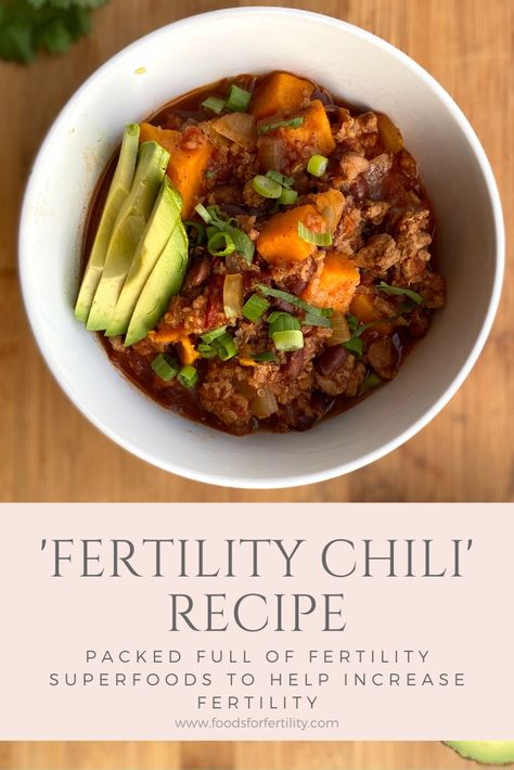 Fertility Chili Recipe to Increase Fertility and IVF Success - Foods for Fertility Nutrient Dense Chili, Fertility Boosting Dinners, Dinner Recipes For Fertility, Healthy Fertility Snacks, Fertility Chili Recipe, Fertility Meals Trying To Conceive, Foods To Help Fertility Trying To Conceive, Meals To Help With Fertility, It Starts With The Egg Fertility Recipes