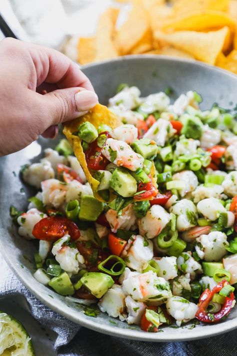 Lime and cilantro add bright, fresh flavor to this Mexican-inspired shrimp ceviche recipe. Easy to make with cooked or raw shrimp! Prawn Ceviche Recipe, Shrimp Ceviche Recipe, Cooked Shrimp Recipes, Bridgerton Party, Cilantro Recipes, Raw Shrimp, Recipes Seafood, Ceviche Recipe, Shrimp Ceviche