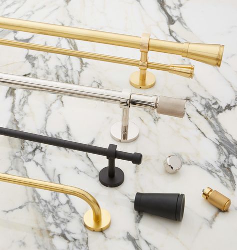 Double AdjustableTrask Drapery Rod Set - 60" - 108", Aged Brass | Rejuvenation Unlacquered Brass Hardware, Cafe Rod, Vintage Living Room Furniture, Double Rod Curtains, Interior Design Resources, Bathroom Ceiling Light, Streamline Design, Drapery Rods, Rod Set