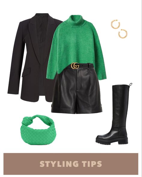 Outfits With Green Turtleneck, Green Boot Outfit Ideas, Green Turtleneck Sweater Outfit, Green Top Outfit Winter, Green Leather Shorts Outfit, Dressy Black Shorts Outfit, Green Sweater Outfit Aesthetic, Cosy Outfit Aesthetic, Casual Knee High Boots Outfit