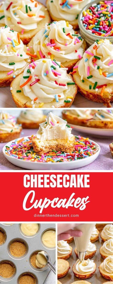 Cheesecake Cupcakes are a fun birthday dessert recipe! Baked mini cheesecakes topped with an easy buttercream frosting and rainbow sprinkles. Cheesecake Jello, Rainbow Cheesecake, Cheesecake Cupcakes Recipe, Funfetti Cheesecake, Easy Buttercream Frosting, Homemade Graham Cracker Crust, Birthday Dessert, Homemade Graham Crackers, Dessert Cookbooks