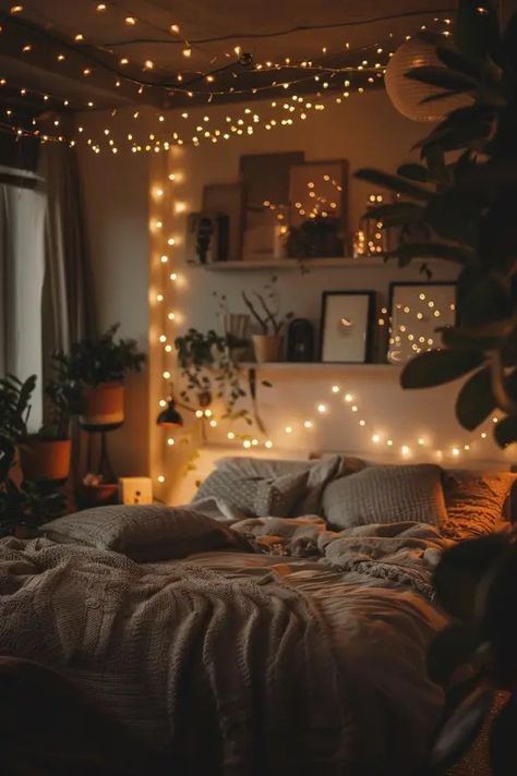 Fairy Lights for Bedrooms | 5 Best Ideas Festoon Lights Bedroom, Fairy Lights Adult Bedroom, Indoor Fairy Lights Living Room, Aesthetic Hanging Lights, String Lights Bedroom Ceiling, Cozy Bedroom Aesthetic Fairy Lights, Fairy Lights In Room, Cozy Lighting Bedroom, Bedroom Lights Aesthetic