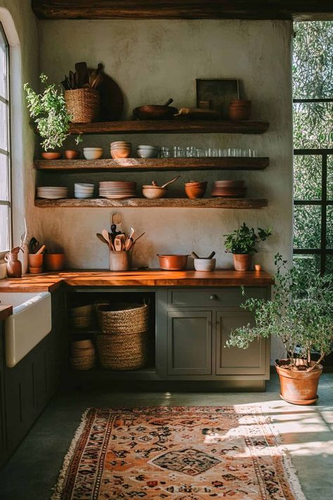 61 Earthy Kitchen Ideas for a Cozy, Organic Look Earthy Apartment Aesthetic Kitchen, Natural Home Design Interior, Low Budget Renovation, Mexican Modern Kitchen Decor, Earthy Home Kitchen, Warm Home Aesthetic Kitchen, Kitchen Sink Ideas Decor, Earthy Farmhouse Kitchen, Moody Earthy Interior Design