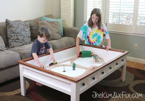 Kid Friendly Coffee Table, Lego Tables, Hunter Bedroom, Table Lego, Boys Bed, Storage Tables, Coffee Table With Hidden Storage, Kids Tables, Daycare Decor