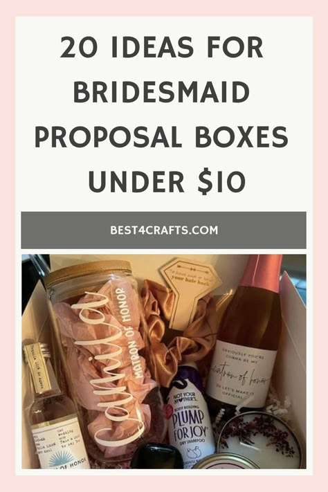 Are you looking for creative, yet budget-friendly bridesmaid proposal box treat ideas? Look no further! We've got the perfect list of thoughtful gifts all under $10! These gift items are sure to show your appreciation and make your bridal party feel extra special. Gift To Ask To Be A Bridesmaid, Ask Gifts For Bridesmaids, Asking Bridal Party, Gifts For Bridesmaids Proposal, Items For Bridesmaid Boxes, Ideas For Bridesmaid Proposal, Bridesmaid Gift Diy, Cute Ways To Ask Bridesmaids Ideas, Bridal Party Gifts For Bridesmaids Wedding Day