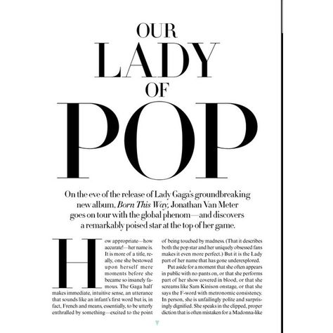 Lady Gaga goes VOGUE - Little Black Book ❤ liked on Polyvore Magazine Type Layout, Vogue Layout Design, Vogue Magazine Design, Editorial Layout Design Magazine, Pull Quote Design, Vogue Layout, Vogue Pages, Magazine Names, Fashion Magazine Typography