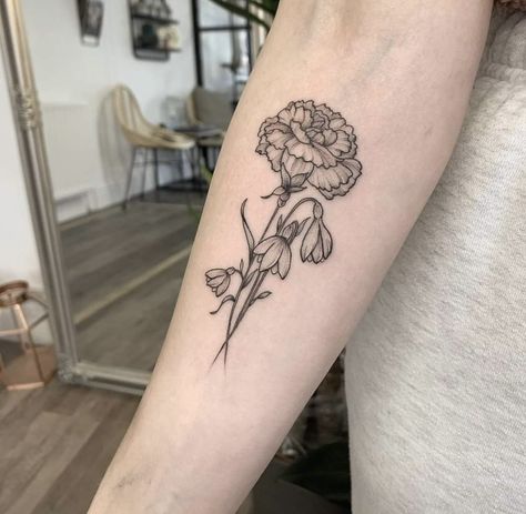 Carnation And Snowdrop, Cinderella Tattoo, Carnation Flower Tattoo, Carnation Tattoo, Flower Tat, Cow Tattoo, Bouquet Tattoo, Floral Tattoo Sleeve, Simplistic Tattoos