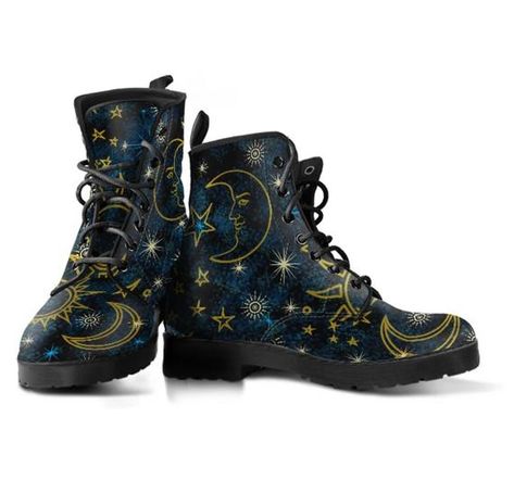 Combat Boots Heels, Shoe Stores, Combat Style, Vegan Leather Boots, Sun Moon Stars, Blue Boots, Vegan Leather Tote, Rubber Boot, Platform Heels Chunky