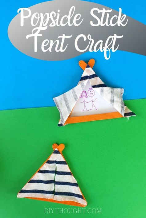 Popsicle stick tent craft. A fun art and craft project for kids of all ages. Make the tent from craft sticks and fabric from an old t-shirt then create a camping scene on paper. #recycledcraft Paper Tent Craft, Popsicle Stick Tent, Campground Crafts, Fun Art And Craft, Tent Craft, Sticks Craft, Fourth Of July Crafts For Kids, Camping Scene, Recycle Crafts Diy