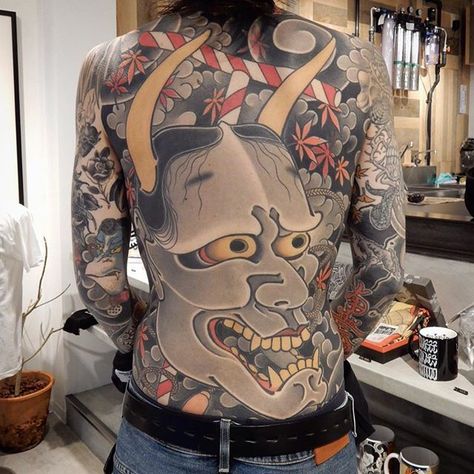 Artist: Ichibay Ichibay Tattoo, Traditional Back Tattoo, Japanese Back Tattoo, Traditional Japanese Tattoo Designs, Tattoo Style Art, Hannya Mask Tattoo, Hannya Mask, Tattoo Henna, Full Back Tattoos