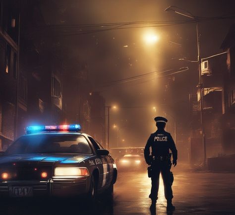 Policeman drives a suspicious place Policeman Aesthetic, Police Car Cartoon, Police Car Lights Aesthetic, Police Car Pictures, Dino Rangers, Police Cars At Night, Police Car On Fire, Police Station, Policeman